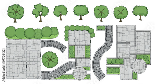 Landscape design plan elements, architectural garden symbols for site mapping, stone paving and green tree top view icons, vector set