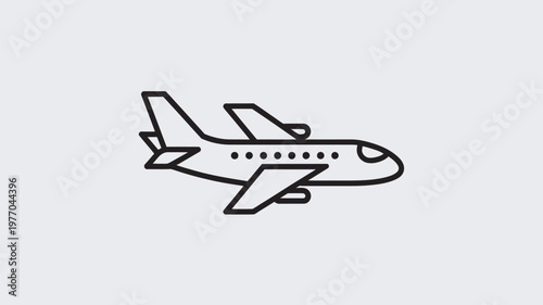A simple black line drawing of an airplane in flight on a plain background