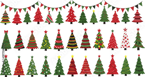 Christmas vector collection featuring a large set of stylized pine trees in red and green colors with festive bunting flags for holiday seasonal decor.
