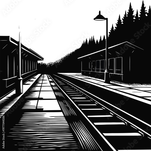 Monochrome train station, railway platform, black and white illustration, vector landscape