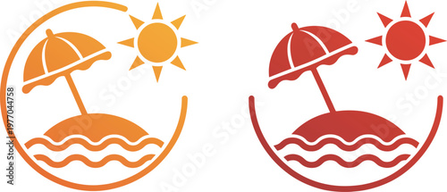 Beach umbrella icon set, minimalist outline vector collection of parasol and seaside symbols for summer vacation travel websites relaxation and holiday design use.