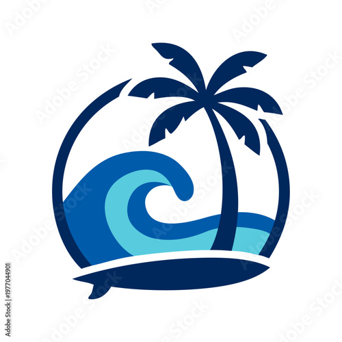 Logo agencia de viajes. Vacaciones en Hawái. Dibujo de un paisaje con la palma, una tabla de surf y olas de mar en un círculo 