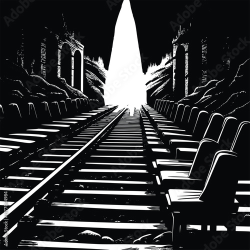 dramatic train tracks, empty railway station, black and white illustration, cinematic scene