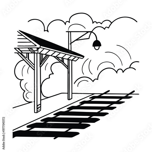 Train station shelter, railroad platform, black and white illustration, vector graphics