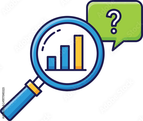 A magnifying glass examines a bar chart with a question mark in a speech bubble