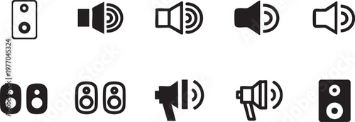 Minimalist audio speaker and volume icon set, 10 black and white vector elements, sound control and megaphone symbols for digital interfaces