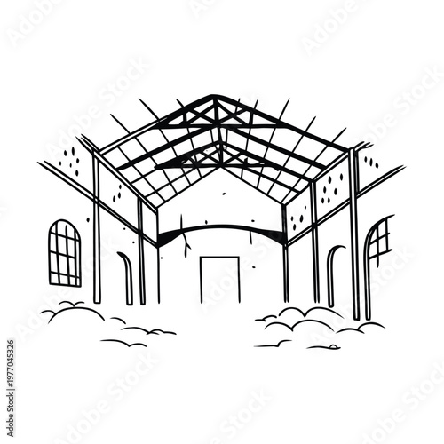 Abandoned warehouse, industrial building, vector illustration, black and white