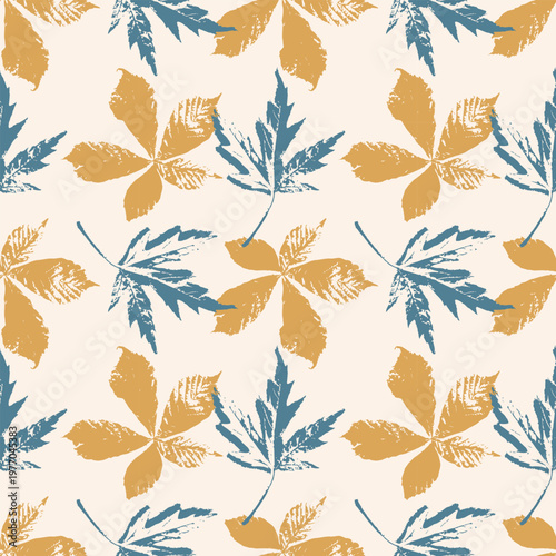 Autumn Leaf Prints Seamless Pattern Hand Stamped Chestnut and Maple Foliage in Ochre and Blue for Fall Textiles, Rustic Wrapping Paper, and Eco-Friendly Branding. Vector illustration