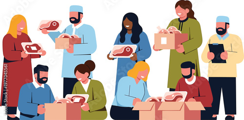 a group of people packing and holding boxes and food