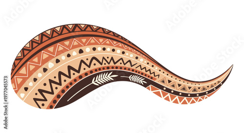 Vibrant tribal wave design with geometric patterns in shades of orange, brown, and white on a plain background