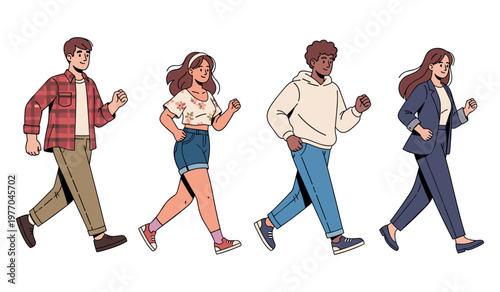Diverse group of young adults walking forward in casual attire