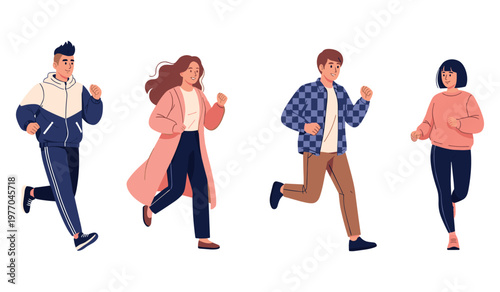 Group of diverse young adults running together happily