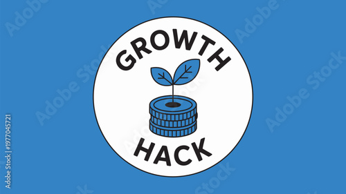 A growth hack logo with a plant growing out of a coin on a blue background