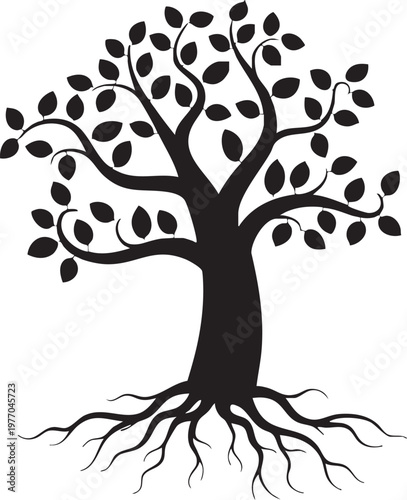 Black tree silhouette with roots and leaves, organic nature vector illustration, minimalist botanical plant icon for logo design and branding