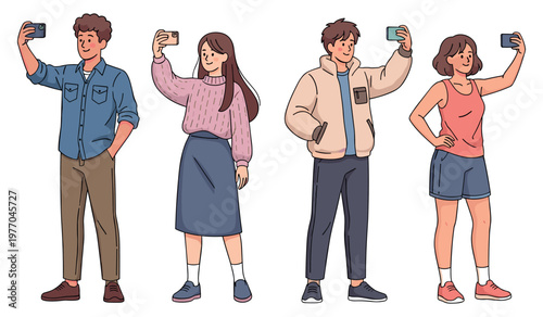 Group of diverse young adults taking selfies with smartphones