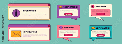 Retro Y2K ui reminder window with vintage interface design. Classic 2000s browser alert message: Error, notification, information. Nostalgic desktop vector icons and digital frame elements