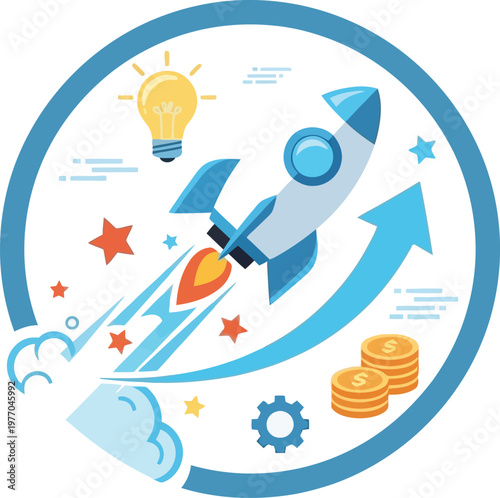 Startup success illustration. Rocket launch signifies rapid growth, lightbulb innovation, coins financial prosperity. Dynamic vector art for entrepreneurial concepts