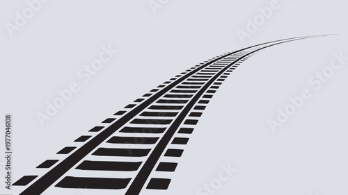 A black and white illustration of railroad tracks stretching into the distance on a plain background