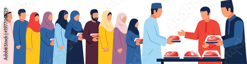 people in traditional clothing standing in line for food