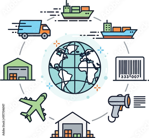 Efficient global logistics and supply chain concept with interconnected icons representing worldwide shipping, delivery, warehousing, and transportation processes