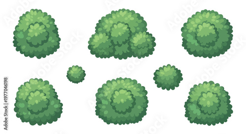 Pixel art green bushes and shrubs set, 8-bit style garden foliage collection, retro game environment nature elements, 8 eps icons