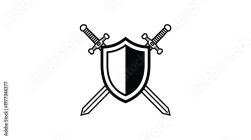 3d vector illustration of a cartoon robot holding a sword and shield, isolated on a white globe silhouette