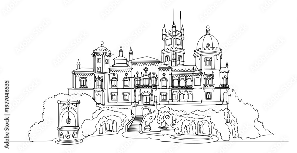 Fototapeta premium Single continuous line drawing of Quinta da Regaleira palace in Sintra Portugal Famous historic landmark and tourist attraction Minimalist vector illustration