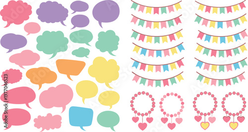 Colorful vector elements set featuring a variety of pastel speech bubbles, hanging bunting flags, and decorative heart ornaments for creative communication and festive party designs.