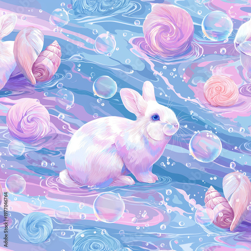 A white bunny sits calmly surrounded by soft pastel colored water and floating bubbles