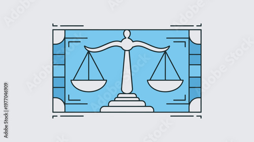 A graphic illustration of a scale of justice on a blue background, symbolizing fairness and law.