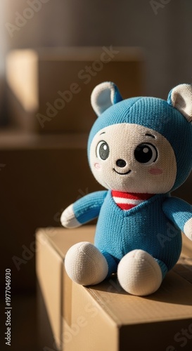 Cute Blue Bear Plush Toy Sitting on Cardboard Box.