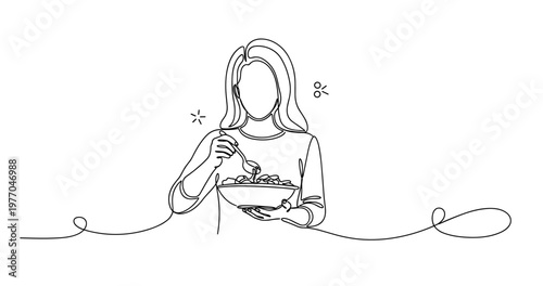 Young caucasian female enjoying a meal with a spoon in a minimalist continuous line art style. None editable stroke