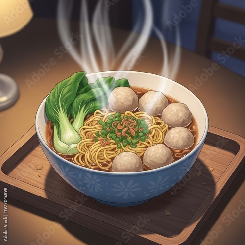 Delicious Bakso Noodles with Fresh Vegetables.