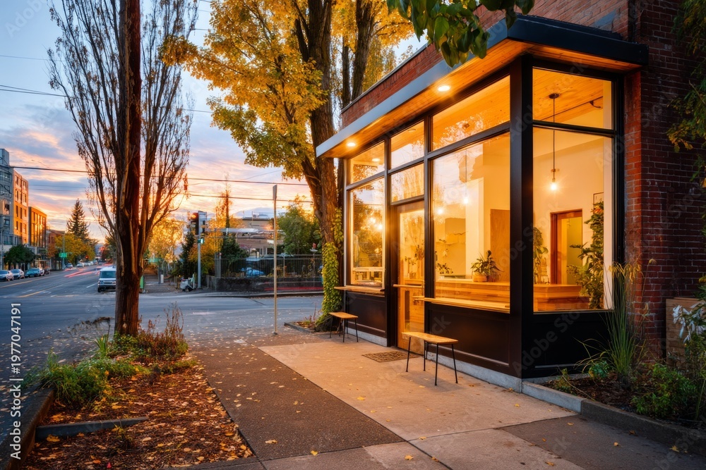 Fototapeta premium Serene Urban Twilight Scene with Cool Blue Sky and Charming Storefront in Quiet Neighborhood
