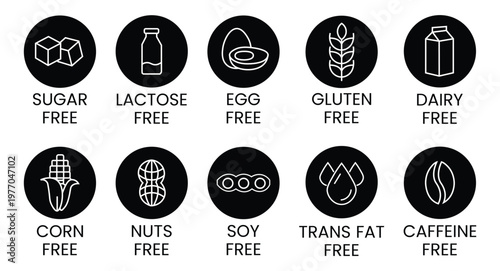 Set allergen free icons. Allergen free label products. Free lactose, gluten, sugar, corn, egg, trans fat, dairy, soy, nuts, caffeine, symbol, logo, badge, black, vector, isolated on white background