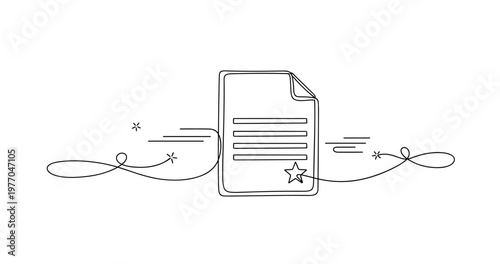 Minimalist line art: document with decorative elements and star icon. None editable stroke