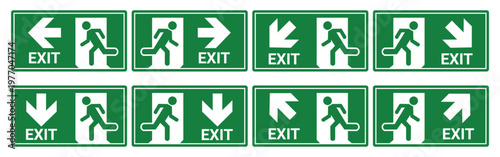 Emergency exit sign set. Man running out fire exit. Running man and exit door sign. Escape help evacuation. Safety vector symbol.