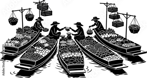 Traditional Floating Market Silhouette with Vendors in Boats Trading Fresh Fruits and Vegetables Asian Culture and River Life Vector Illustration