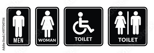Toilet icons set. Men and women restroom icon sign right arrow. Disabled wheelchair icon. Vector Illustration