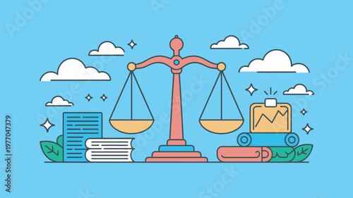 A colorful illustration of a scale of justice surrounded by legal documents and symbols of fairness and balance.