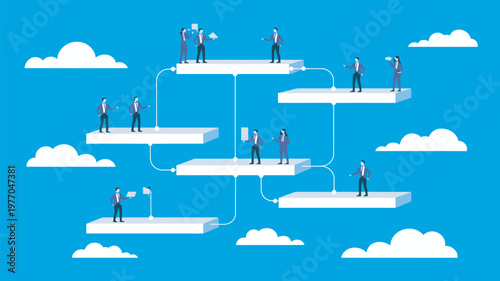 A group of business professionals working together on floating platforms in a blue sky with clouds