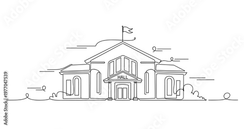 Municipal hall building with flag standing in open landscape. No editable stroke