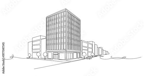High rise office building standing on urban street corner. No editable stroke