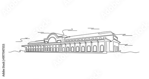 Historic building with arched facade on flat horizon. No editable stroke