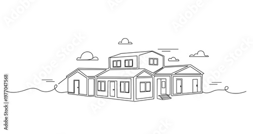 Suburban house complex viewed from front in line drawing. No editable stroke