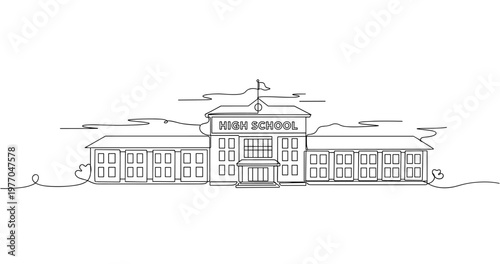 Classic high school facade standing in institutional campus setting. No editable stroke
