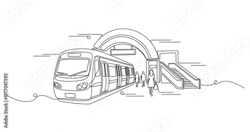 Commuter train arriving at station entrance with passengers. No editable stroke