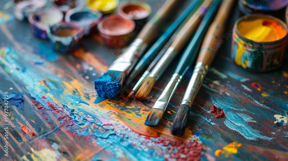 Fototapeta premium Creative Studio Tools Scattered Across a Colorful Composition of Fine Ink and Paint