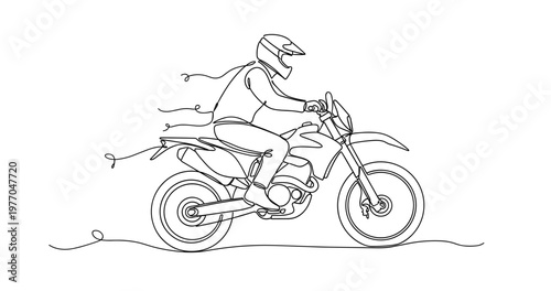 Motorcyclist riding off road motorcycle on flat terrain. No editable stroke
