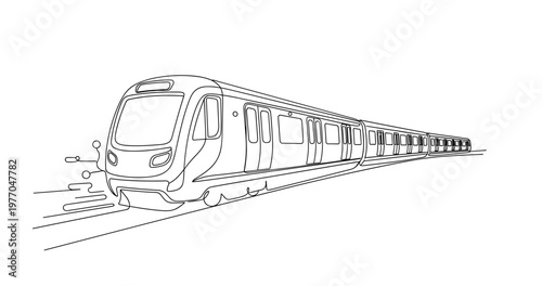 Electric passenger train approaching on straight railway track. No editable stroke